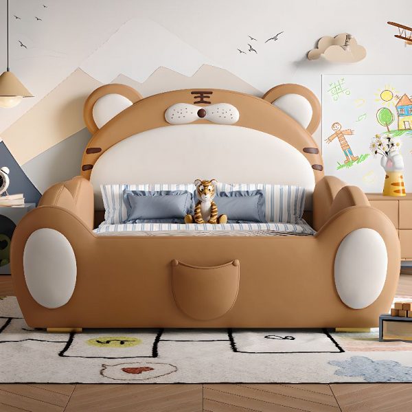 "Upholstered Panel Standard Children Bed with Animal Theme and Distressed Artificial Leather, Includes Headboard & Guardrail"