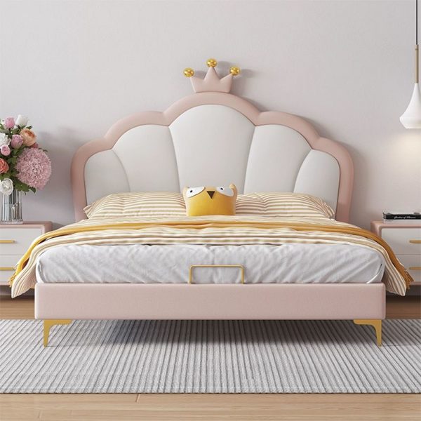 "White Synthetic Leather Upholstered Princess Theme Standard Kids Bed with Headboard for Girls"