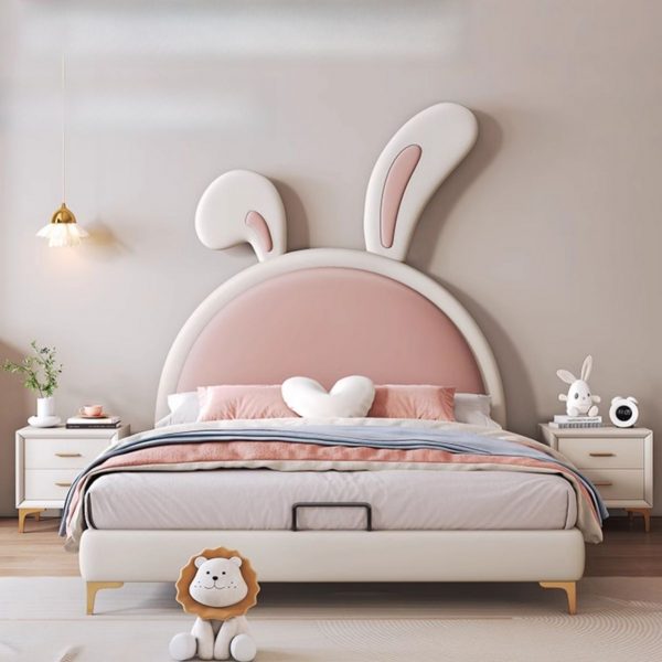 "Charming Chalk Upholstered Standard Children Bed with Animal Theme, Panel Headboard, Sponge Filling, Designed for Girls and Underbed Storage"