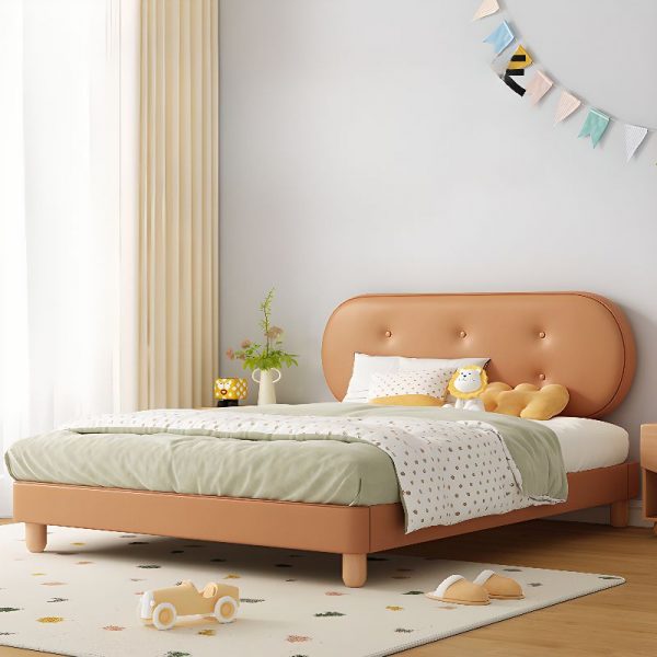 "Contemporary Pine Wood Standard Children Bed in Citrus Color with Panel Headboard and Sponge Filling, Gender Neutral"