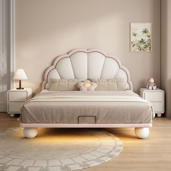 "Elegant Beige Contemporary Wood Standard Children Bed with Princess Theme, Artificial Leather Upholstery, Headboard & Coir Mattress"