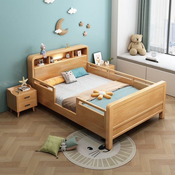 "Art Deco Rubberwood Standard Children Bed with Book Display, Headboard Storage, and Guardrail, Gender Neutral"