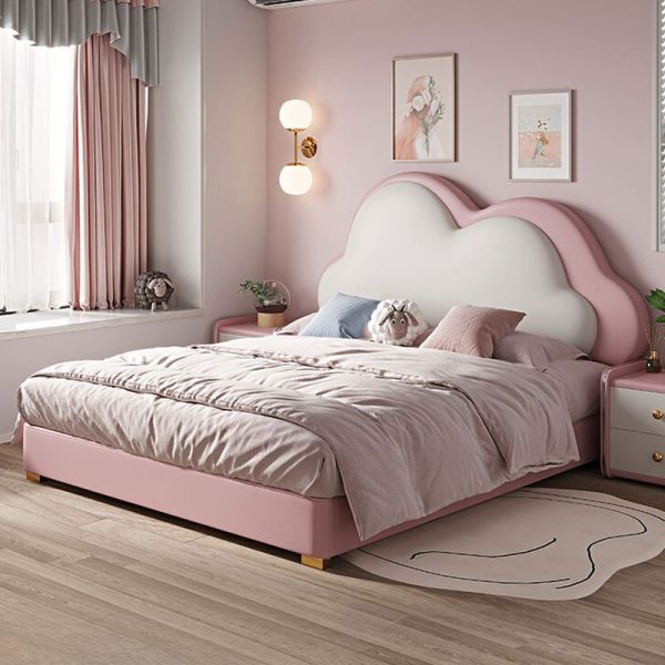 "Elegant Pink Contemporary Wooden Standard Children Bed with Panel Design, Genuine Leather, Coir Mattress, and Headboard Included"