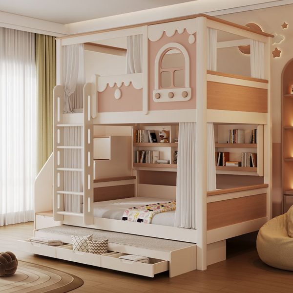 "Girl-Friendly Pink Rubberwood Children Bunk Bed with 6 Drawers, Standard Configuration, Stairs, and Surrounding Guardrail"