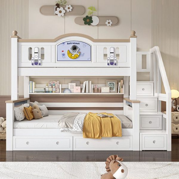 "6 Drawers/2 Drawers Chalk Composite Wood Children Bunk Bed with Underbed, Book Display, Ladder, Guardrail"