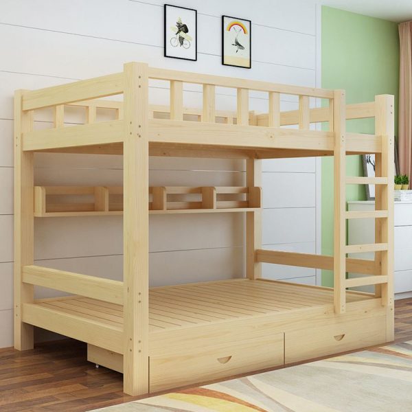 "Natural Color Kids Bunk Bed with 2 Drawers, Repository Storage, Bookcase, Ladder and Guardrail, Coir Mattress Material"