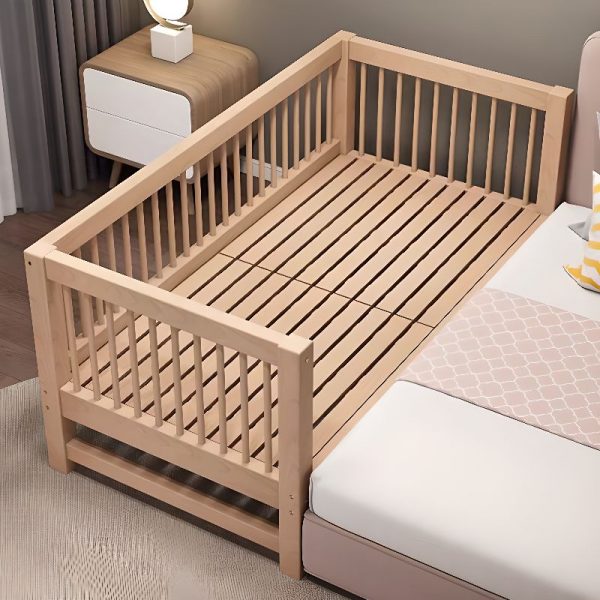 "Natural Color Art Deco Wood Standard Children Bed with Coir Mattress & Guardrail for Gender Neutral Use"