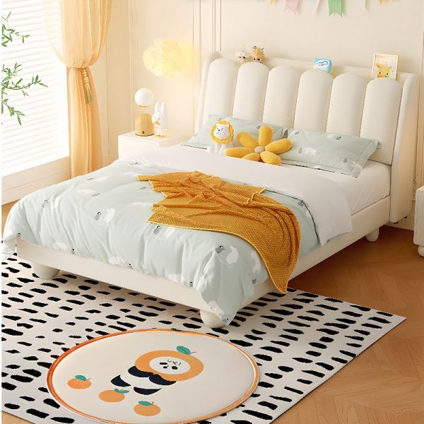 "Simplistic White Natural Wood Standard Kids Bed with Synthetic Leather, Coir Mattress, and Headboard Storage for Gender Neutral"