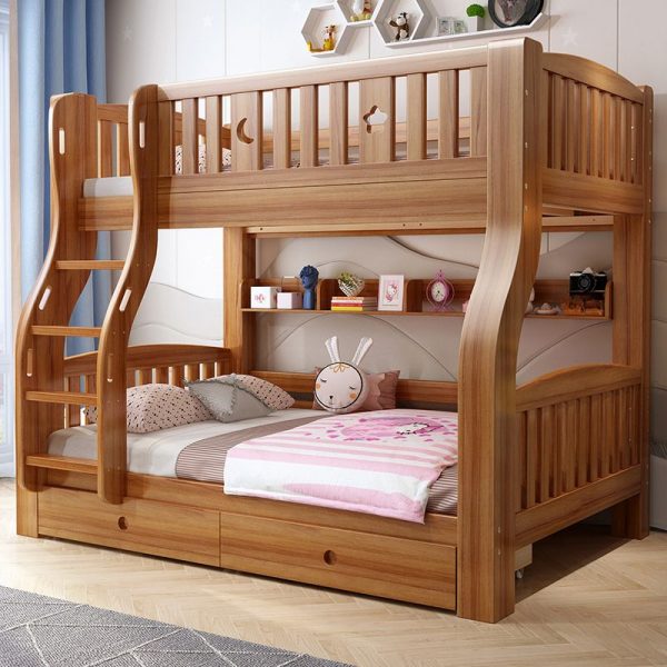 "2 Drawers/6 Drawers Brown Slat Bunk Children's Bed with Repository, Credenza, Ladder, Guardrail"