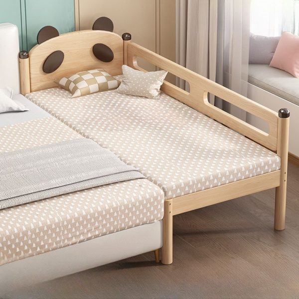 "Wood Grain Rubberwood Standard Kids Bed with Cotton Upholstery, Sponge Mattress, Headboard, and Guardrail for Gender Neutral"