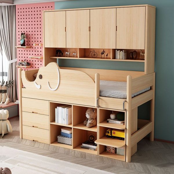 "Natural Finish Children Loft Bed with Animal Theme, 4 Cabinets, Repository, Footboard, Book Storage & Stairs"