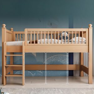 "Minimalist Natural Wood Children Loft Bed with Ladder and Guardrail in Natural Finish for Gender Neutral"