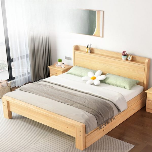 "Natural Finish Minimalist Lumber Standard Children Bed with Headboard, Footboard, Coir Mattress, Gender Neutral"