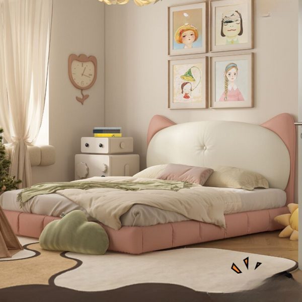 "Pink Wood Standard Children Bed with Animals Theme, Leatherette Upholstery, Coir Mattress, and Headboard for Girl/Woman+"